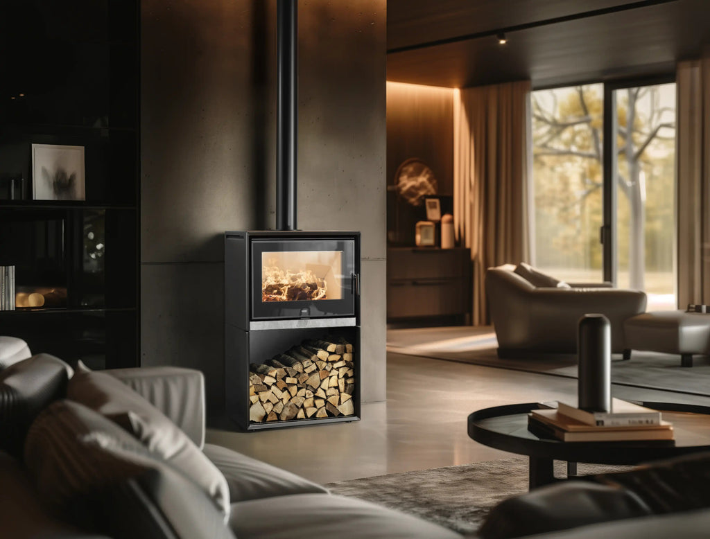 Stufa a legna Klover Venus 110s con porta in vetro e design elegante, ideale per riscaldare ambienti domestici.