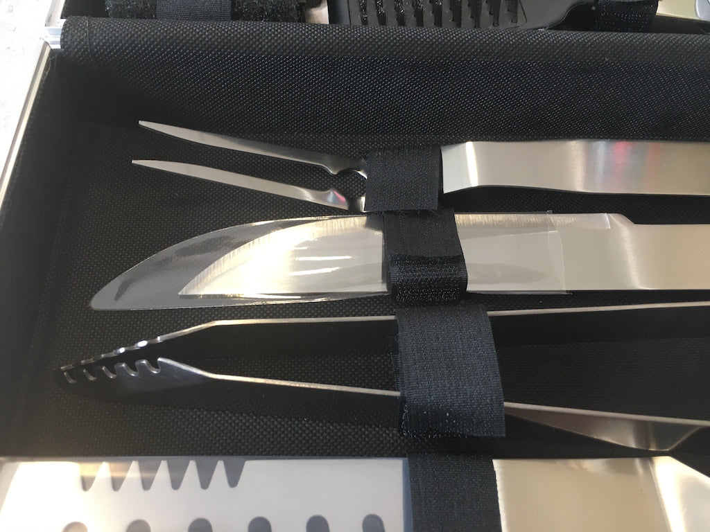Set di attrezzi per barbecue Bieffe Shop, valigetta con 18 pezzi in acciaio inox per cucina all'aperto, strumenti professionali.