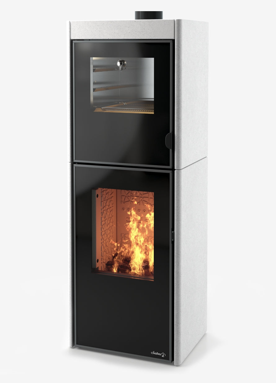 Stufa a legna Dielle Stufe Ghibli Wood Owen in stile moderno con porta in vetro e dettagli in legno naturale.