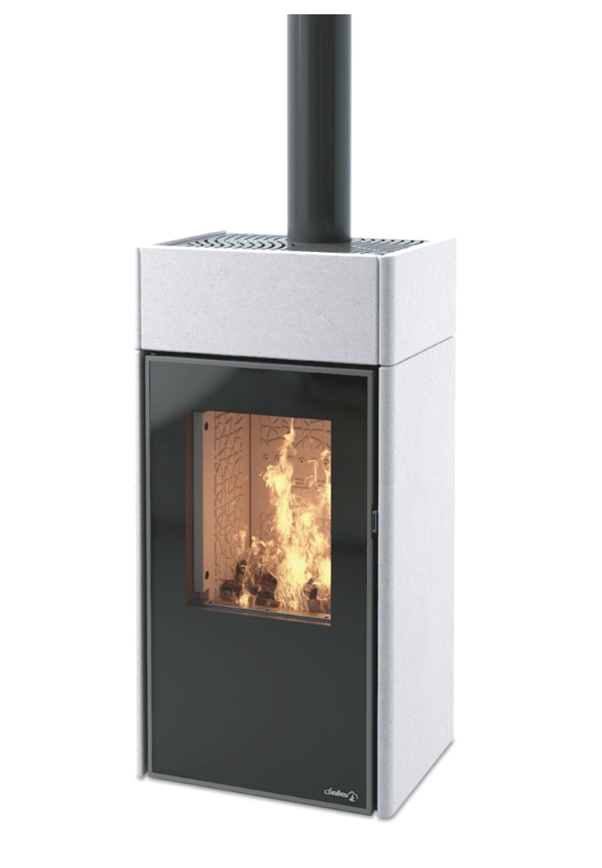 Stufa a legna Dielle Stufe Ghibli Wood Steel Bianco Rock con struttura in acciaio e finitura bianca, vista frontale.