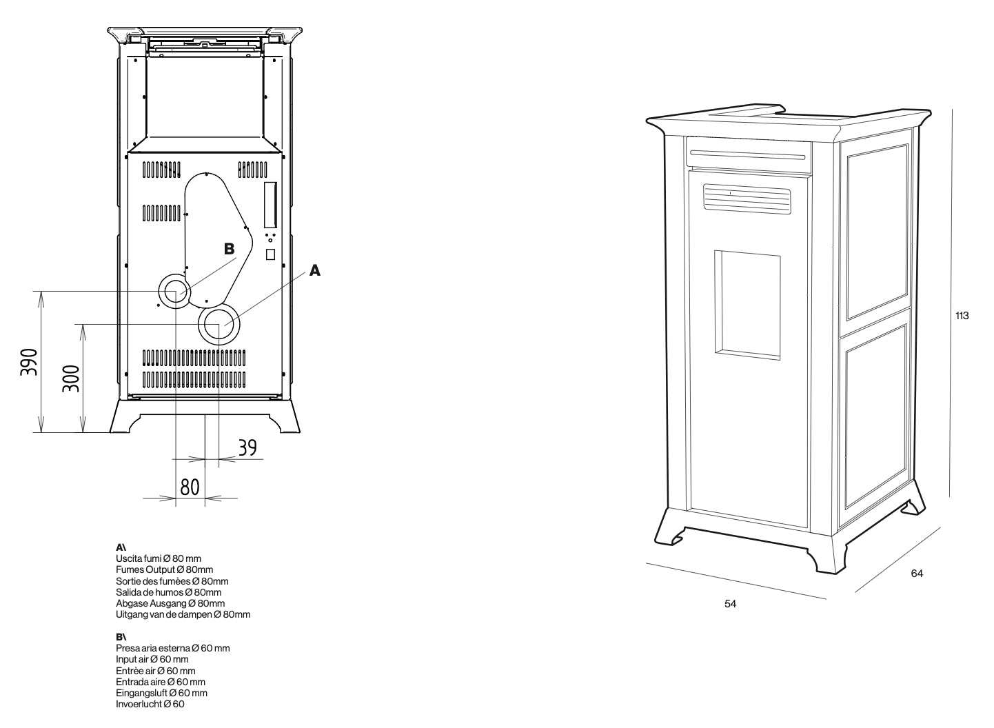 Stufa a pellet Dielle Stufe Ethesia Glass 100 con porta in vetro e design moderno, vista frontale dell’apparecchio.
