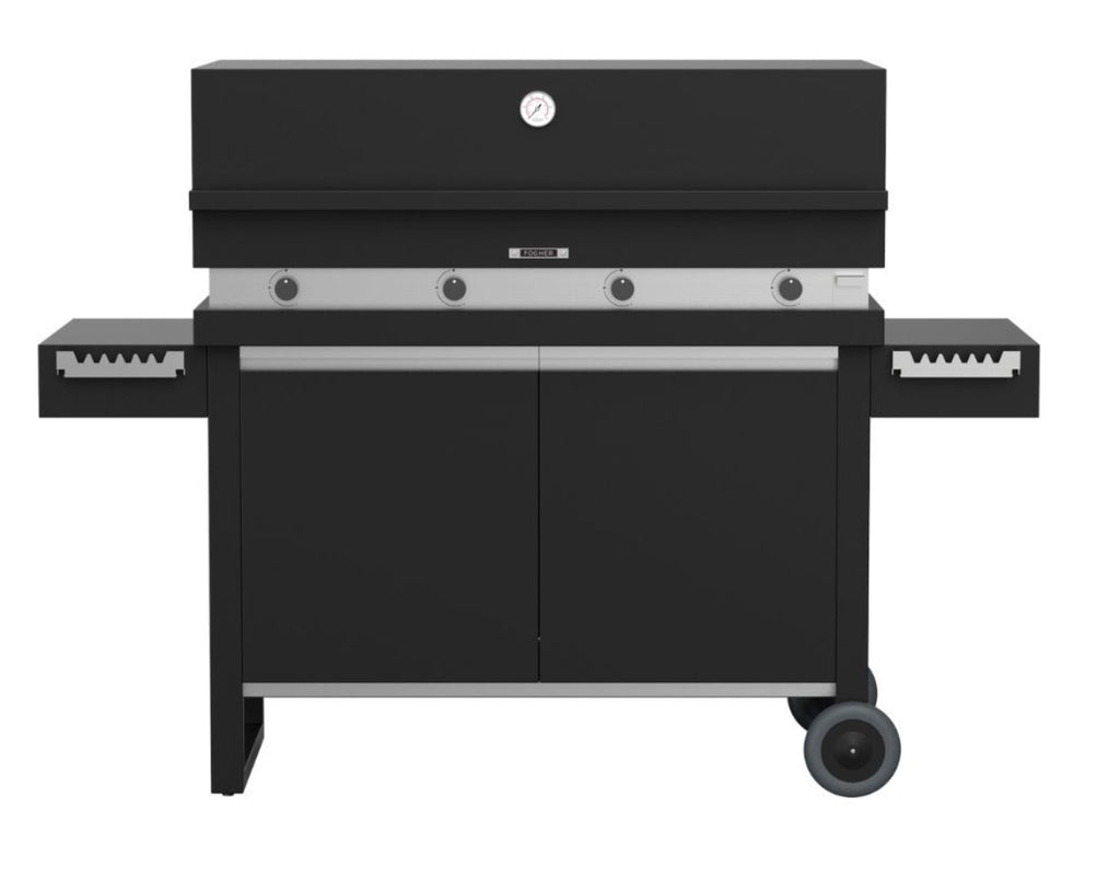 Barbecue a gas Fògher FGA 1000 FO con carrello, in acciaio inox, con piano di cottura e griglia in metallo, ideale per esterni.