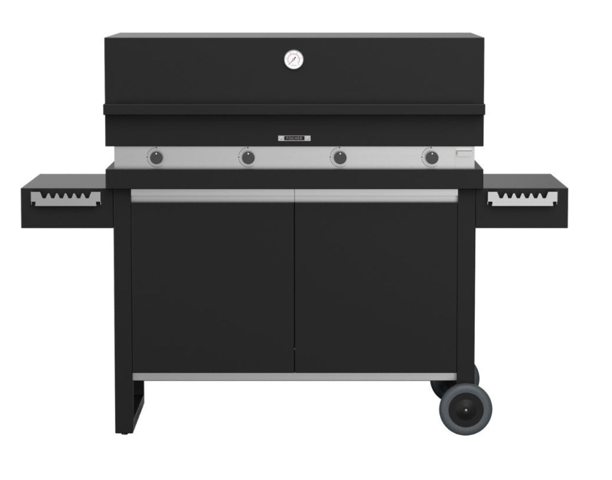 Barbecue a gas Fògher FGA 1000 FO con carrello, in acciaio inox, con piano di cottura e griglia in metallo, ideale per esterni.