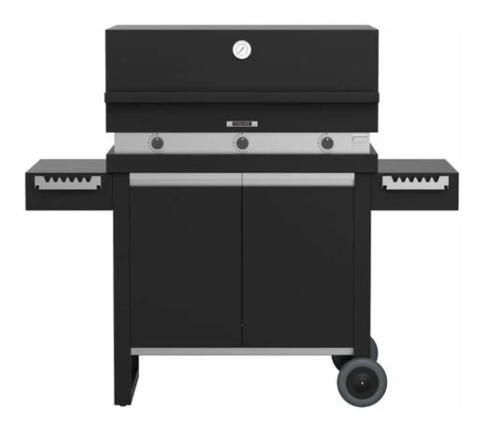 Barbecue a gas Fògher FGA 750 FO con carrello, piano di cottura in metano e griglia in acciaio per barbecue all'aperto.