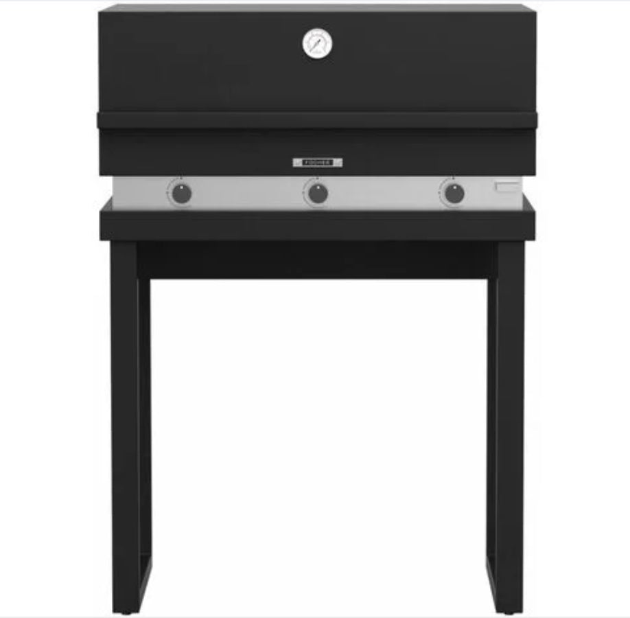 Barbecue a gas Fògher FGA 750 FO con gambe, piano di cottura in metallo e manopole di controllo, ideale per grigliate all'aperto.