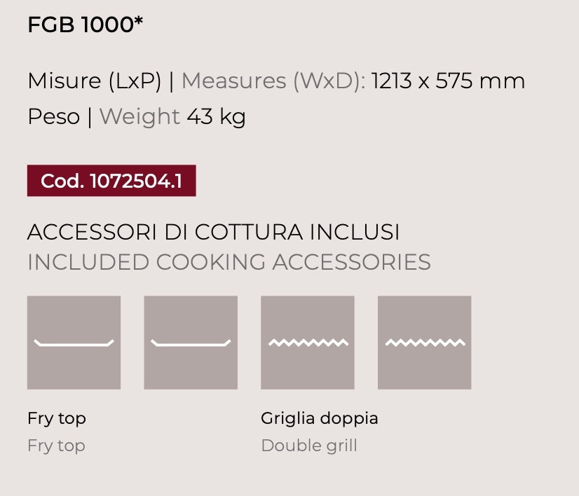 Barbecue a gas Fògher FGB 1000 da incasso con piani di cottura e grille in acciaio, ideale per cucinare all'aperto.