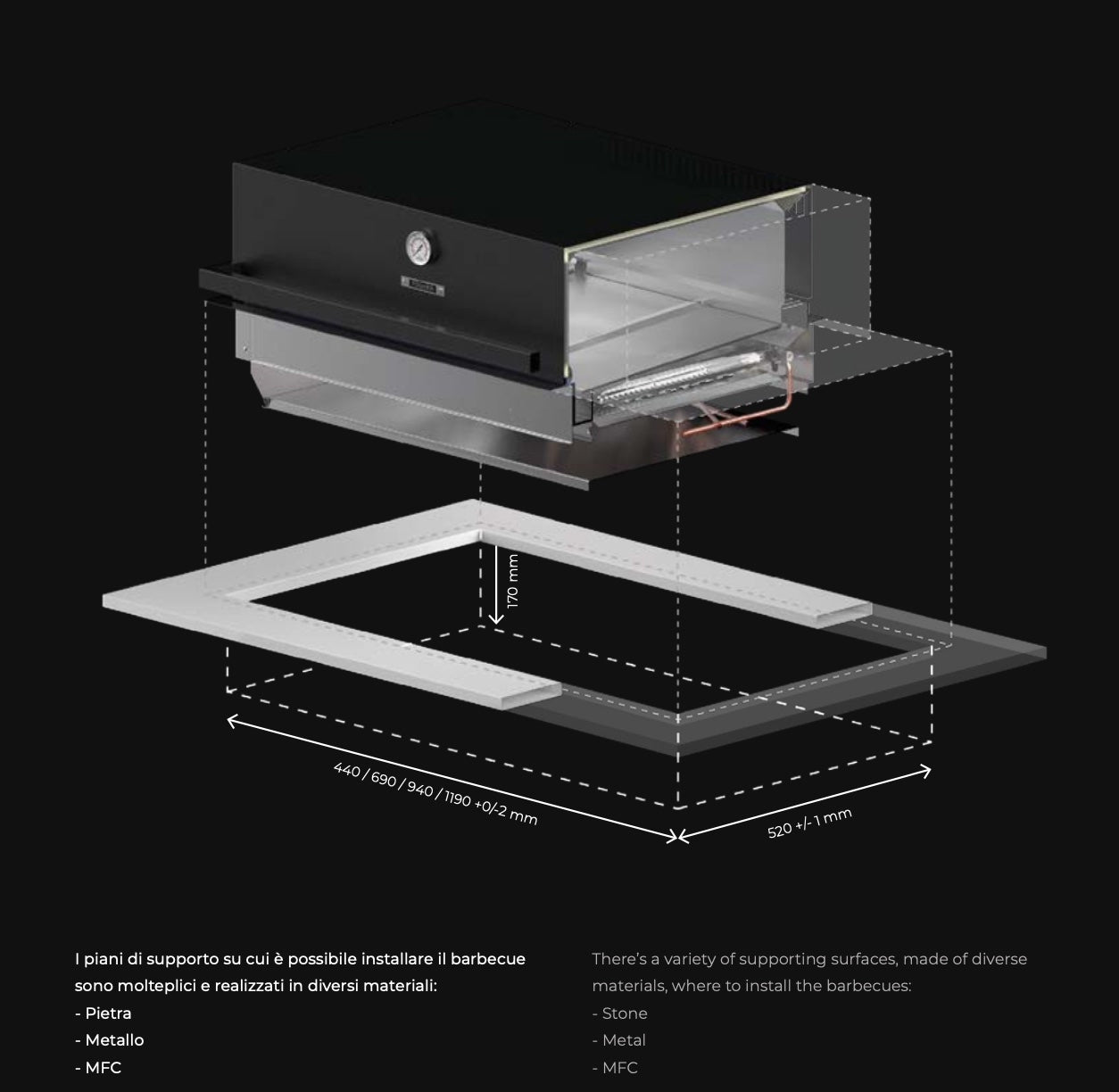 Barbecue a gas Fògher FGB 1000 da incasso con piani di cottura in acciaio e griglie per barbecue domestico.