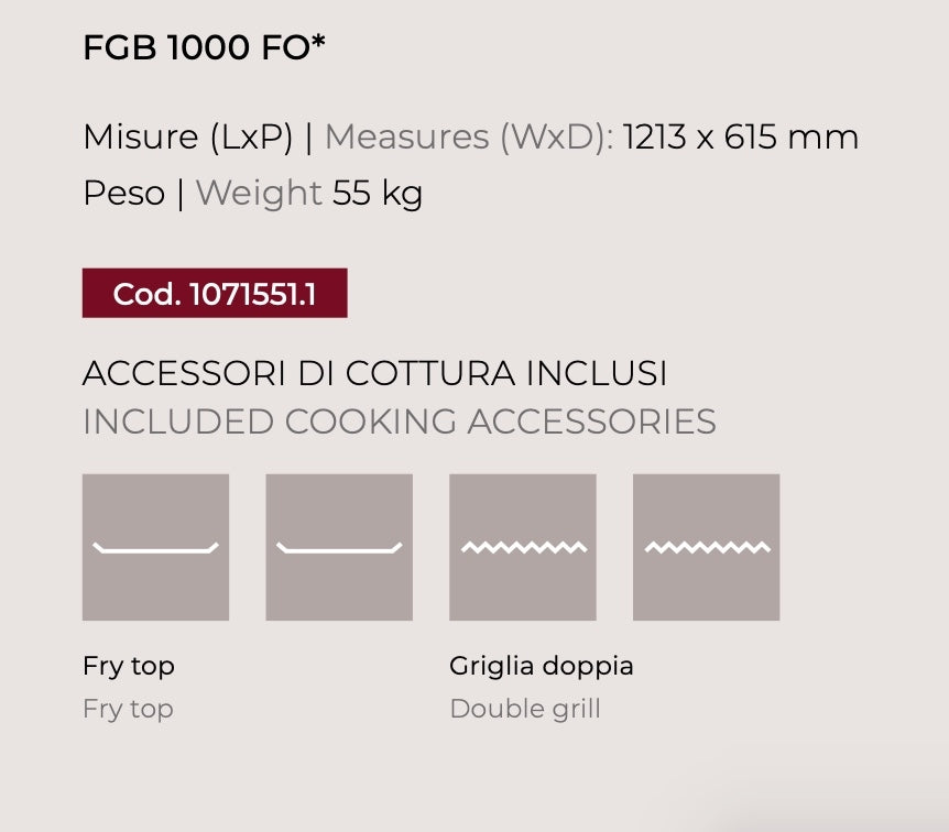 Barbecue a gas Fògher FGB 1000 FO da incasso, con piani di cottura in acciaio e bruciatori robusti, ideale per esterni.