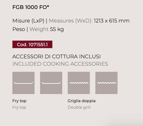 Barbecue a gas Fògher FGB 1000 FO da incasso, con piani di cottura in acciaio e bruciatori robusti, ideale per esterni.
