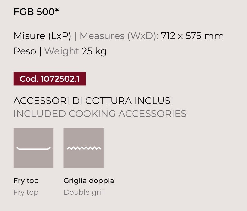 Barbecue a gas Fògher FGB 500 da incasso con piastra e bruciatori, ideale per cucinare all'aperto in cucina.