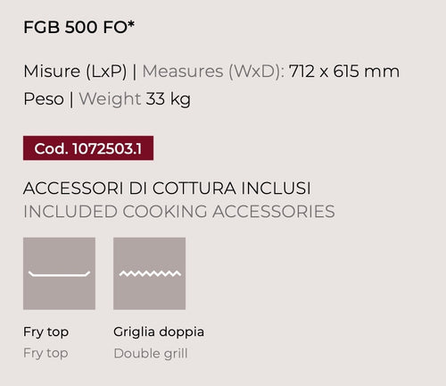 Barbecue a gas Fògher FGB 500 FO da incasso con piani di cottura e manopole, in acciaio inox, ideale per cucina all'aperto.