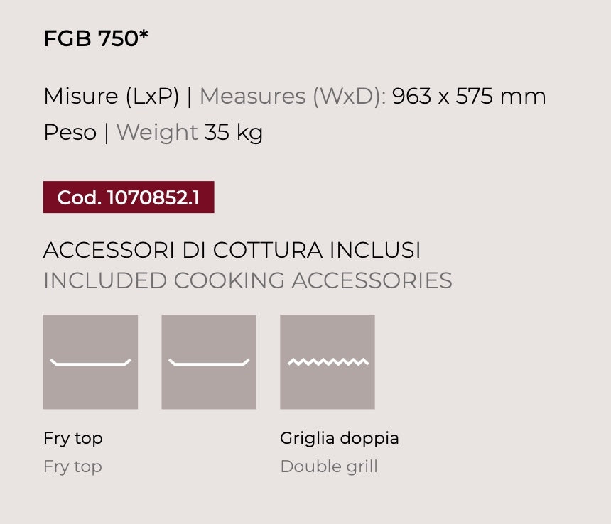 Barbecue a gas Fògher FGB 750 da incasso, con piani di cottura in acciaio e doppio bruciatore, installato in cucina.