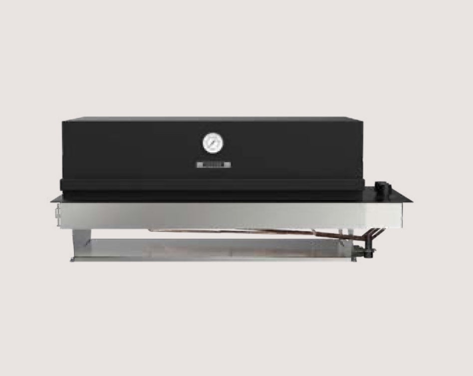Barbecue a gas Fògher FGB 750 FO da incasso con piani di cottura in acciaio e zona barbecue, ideale per cucina esterna.