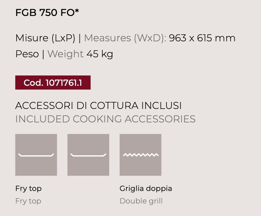 Barbecue a gas Fògher FGB 750 FO da incasso con piani di cottura in acciaio e bruciatori in metallo, design elegante per esterni.
