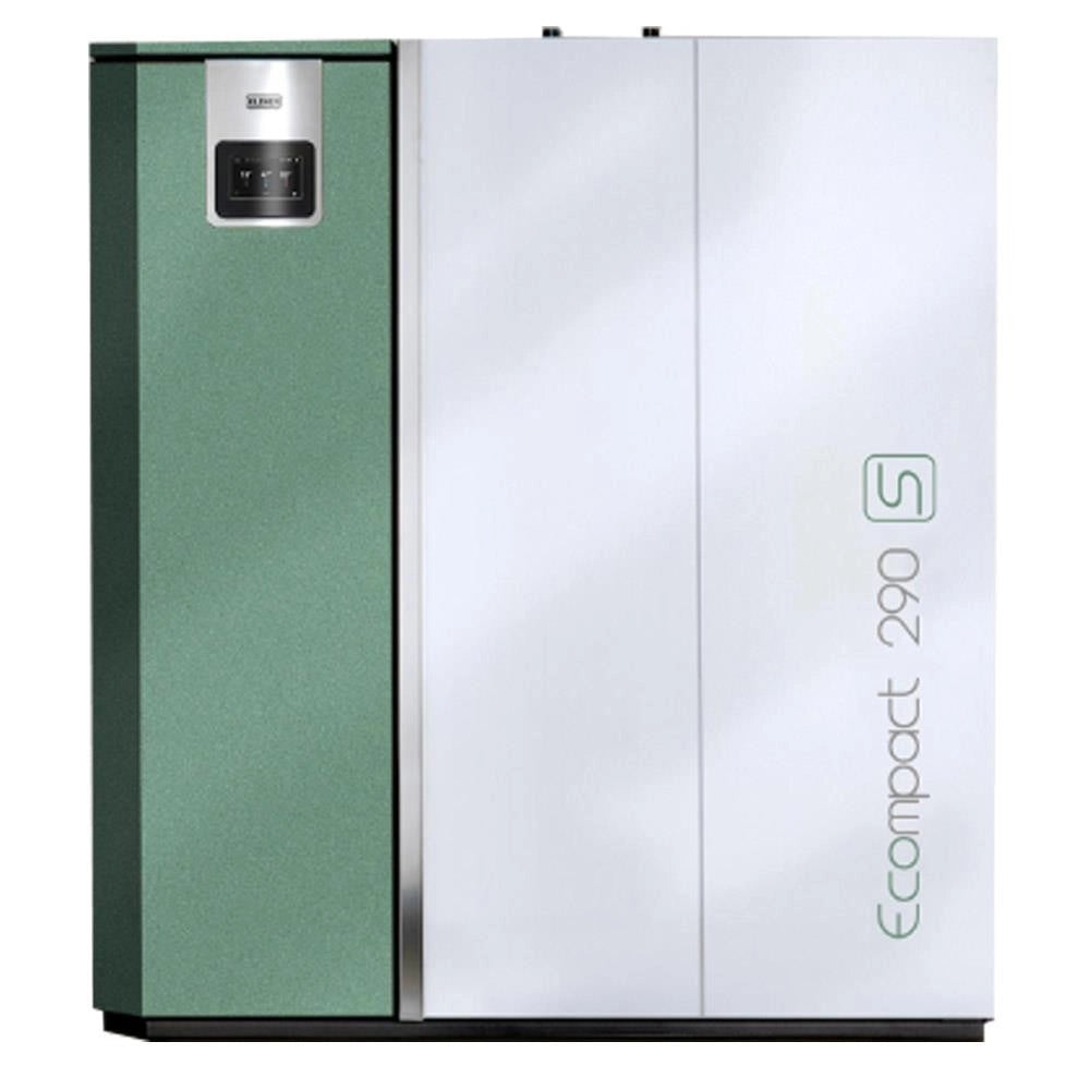 Caldaia a pellet Klover Ecompact 290s, vista frontale con display e struttura compatta.