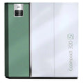 Caldaia a pellet Klover Ecompact 320s con interface digitale e tubo di scarico, vista frontale.