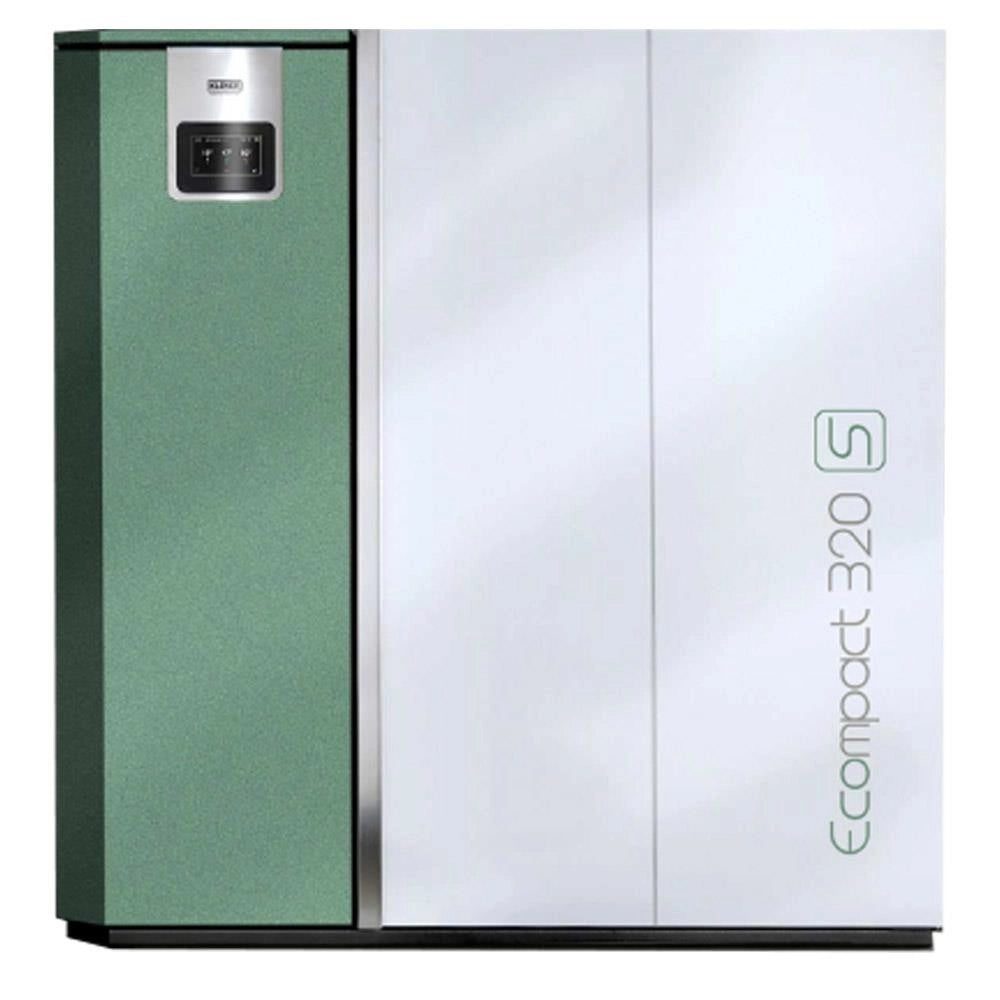 Caldaia a pellet Klover Ecompact 320s con interface digitale e tubo di scarico, vista frontale.