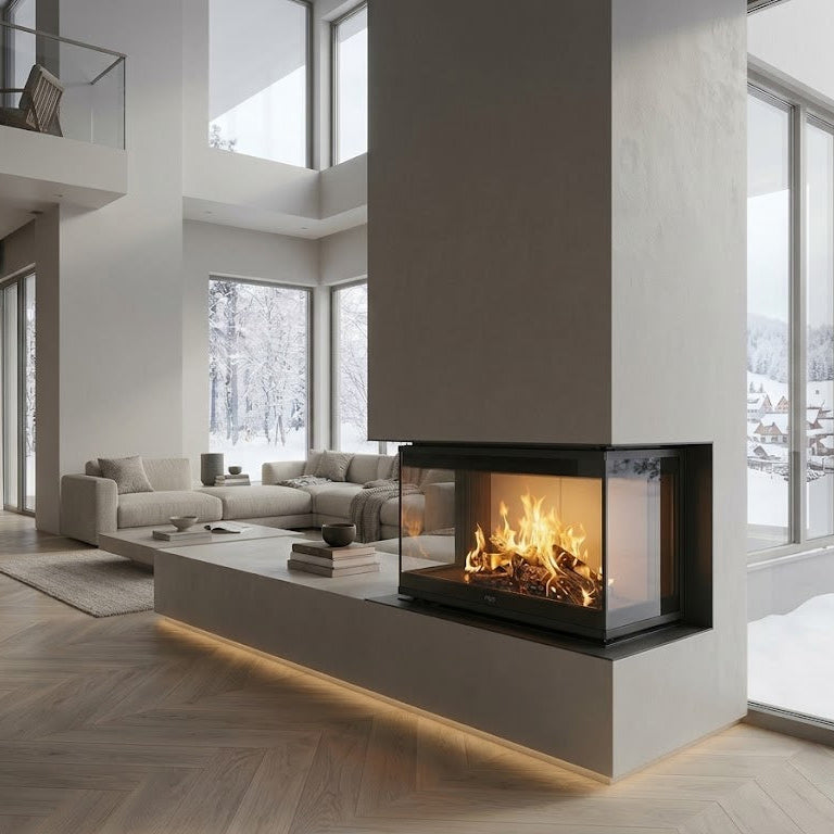 Camino a legna Klover Orion 800 con porta in vetro e design moderno, visibile con fiamme accese in immagine