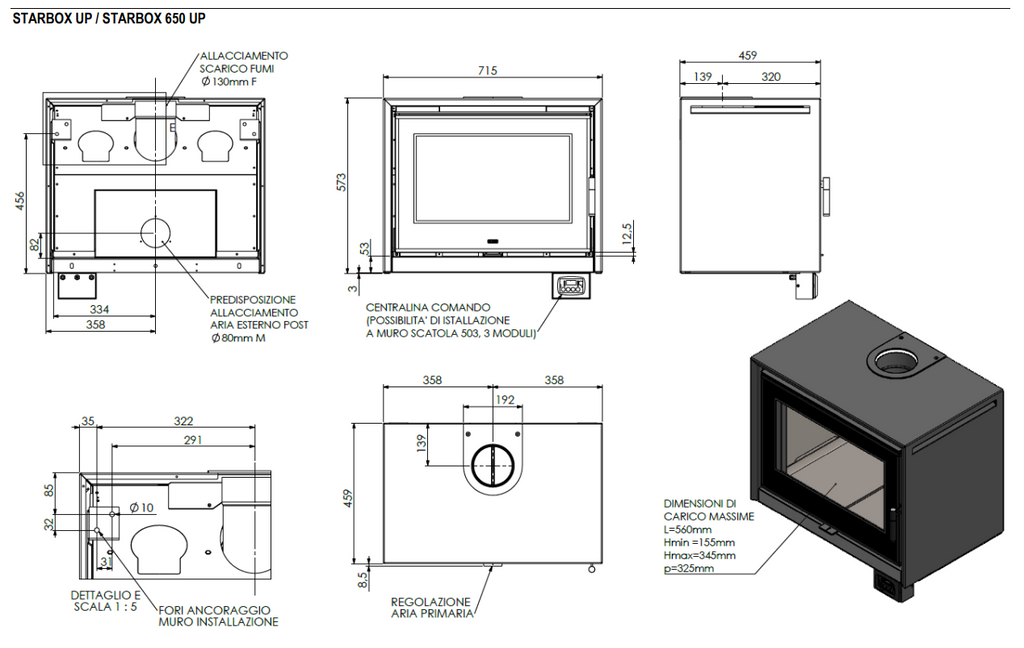 Caminetto a legna Klover Starbox Up con design moderno e struttura in acciaio, visibile con porta e pannello frontale in vista