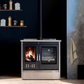 Stufa a legna Klover Star 90 inossidabile, con porta in vetro e design moderno, ideale per riscaldare ambienti domestici.