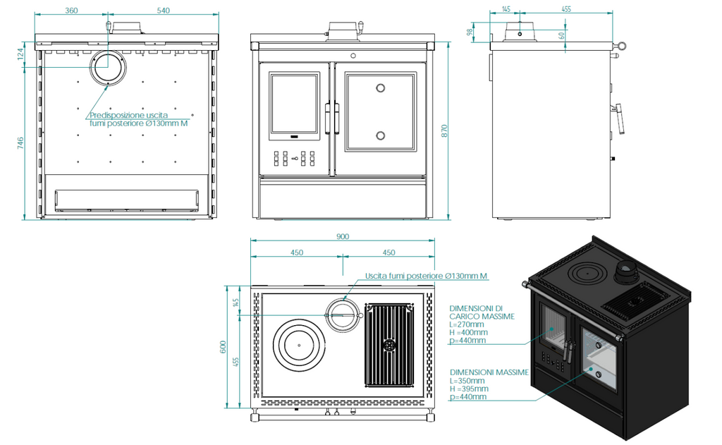 Stufa a legna Klover Star 90 Plus con porta in vetro e finiture nere, ideale per riscaldamento efficiente e design elegante.