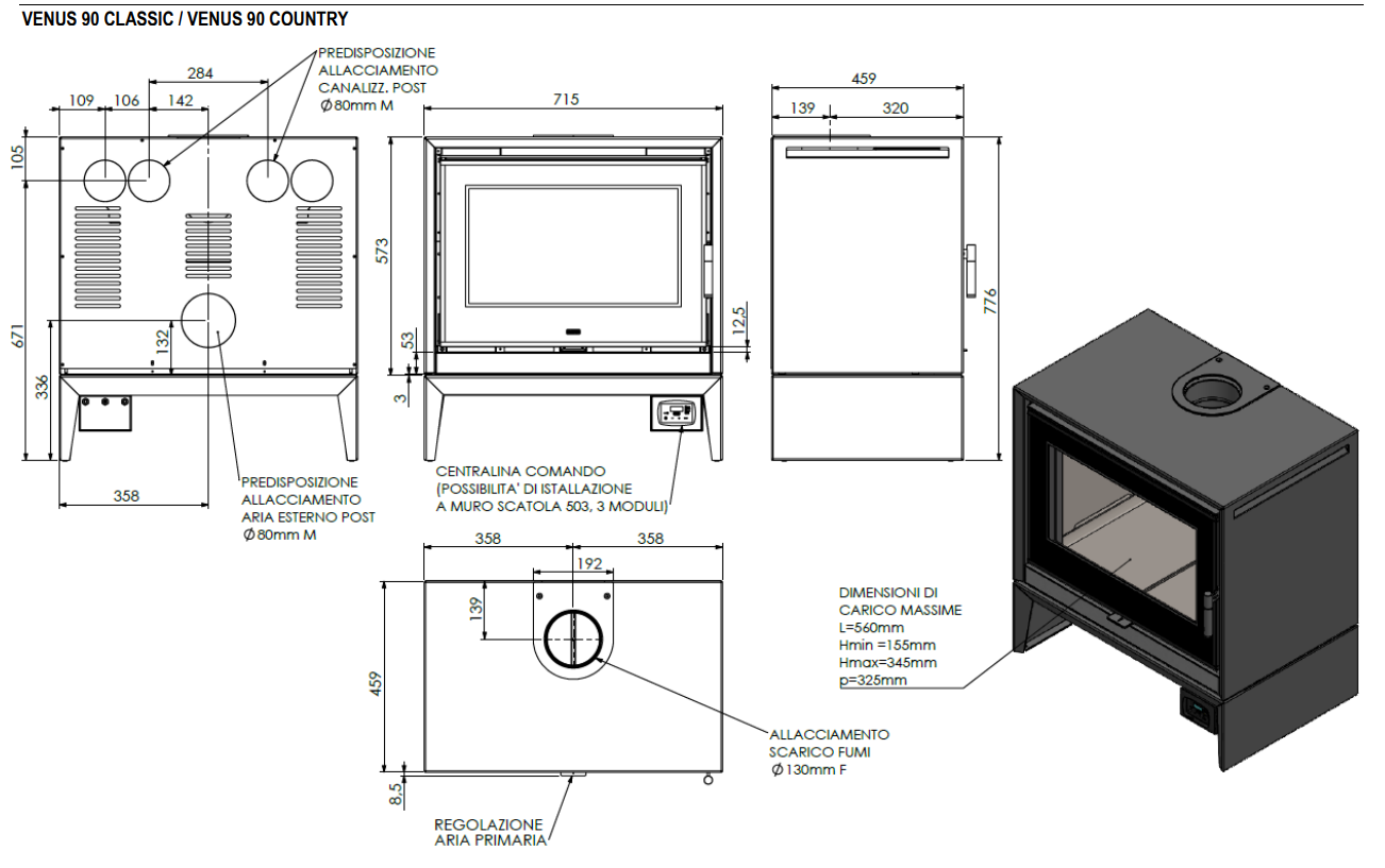 Stufa a legna Klover Venus Classic con porta in vetro e finitura nera, ideale per riscaldare ambienti domestici.
