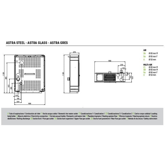Stufa a pellet Astra Stone Air di Klover con design elegante e finitura in pietra, visibile con porta aperta e pannello di controllo.