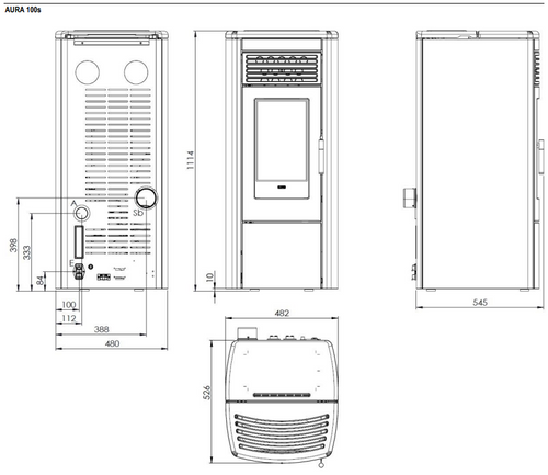 Stufa a pellet Klover Aura 100s AIR con design moderno e schermo digitale, visibile in questa immagine.