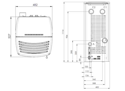 Stufa a pellet Klover Aura 120s AIR con design moderno e display digitale, visibile in immagine.
