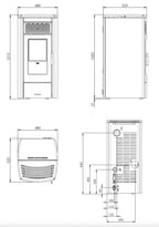 Stufa a pellet Klover Aura 80 S con design moderno e schermo digitale, vista frontale con porta e dettagli in vetro.