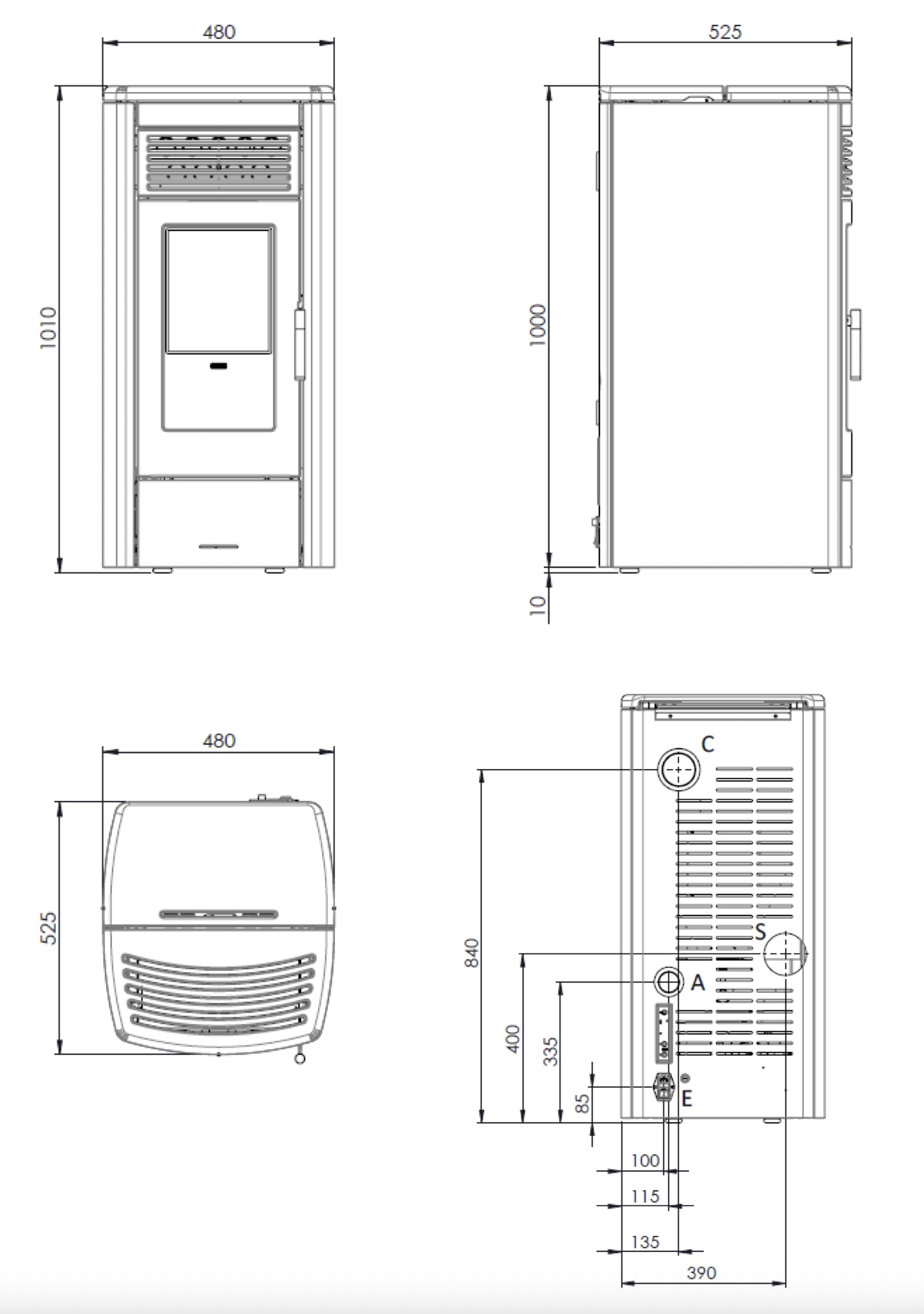 Stufa a pellet Klover Aura 80 S con design moderno e schermo digitale, vista frontale con porta e dettagli in vetro.