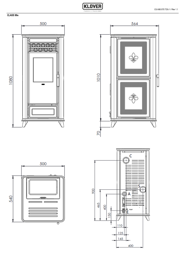 Stufa a pellet Klover Class 90s AIR con design moderno e pannello di controllo digitale, visibile in immagine.