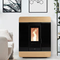 Stufa a pellet Klover Diva Wood Air con finitura in legno e design elegante, mostrata con dettagli del camino e controllo.