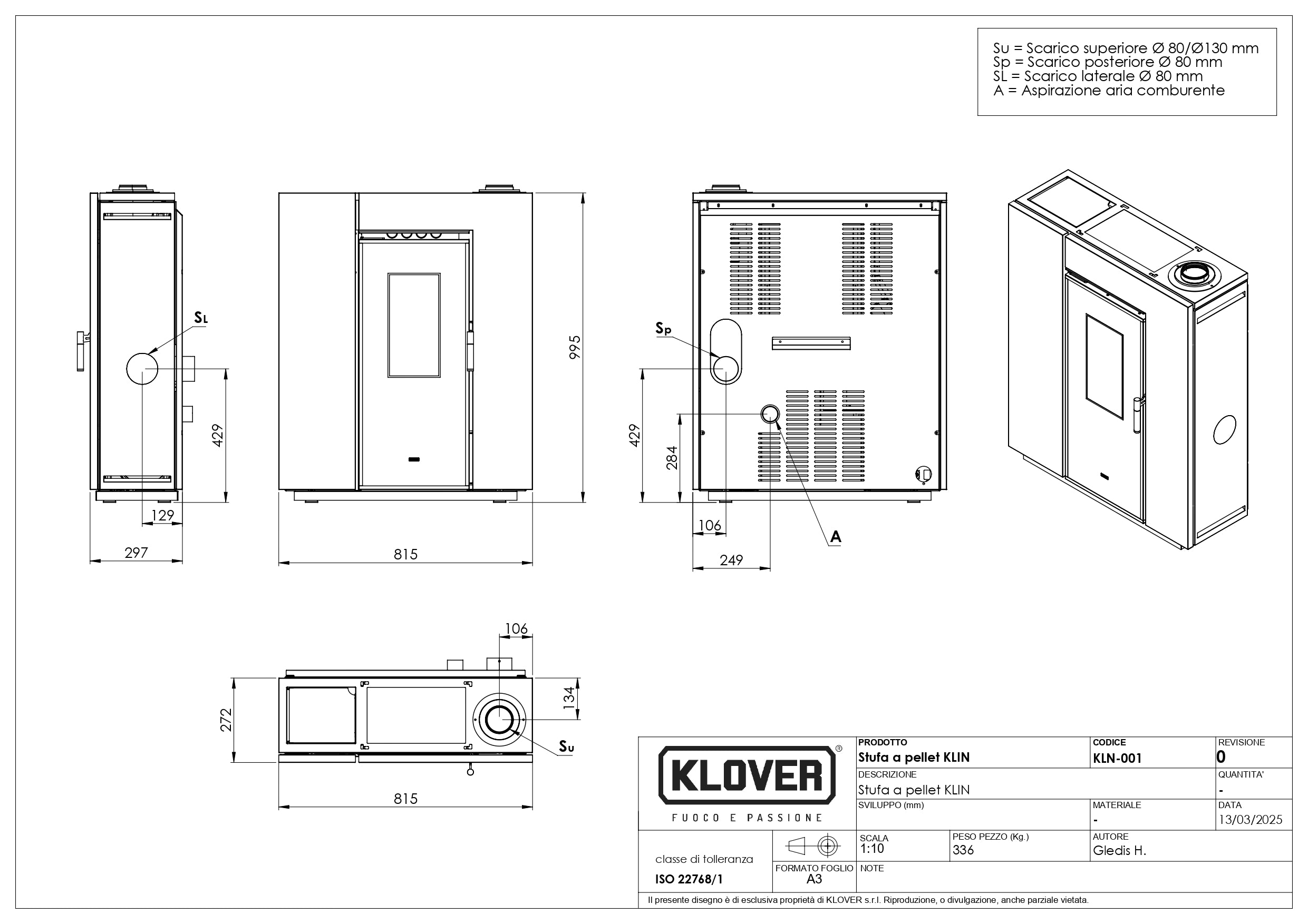 Stufa a pellet Klover Klin 80S con design moderno, vista frontale con pannello di controllo e tubo di scarico in acciaio