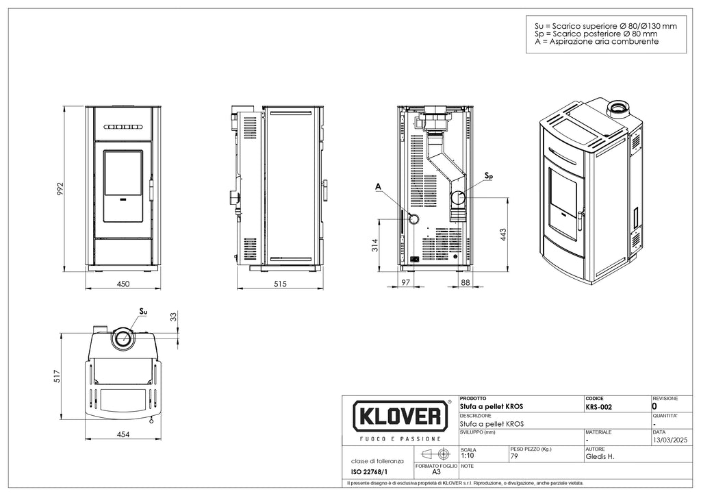 Stufa a pellet Klover Kros 80S con design moderno e display digitale, vista frontale con porta e struttura in acciaio.