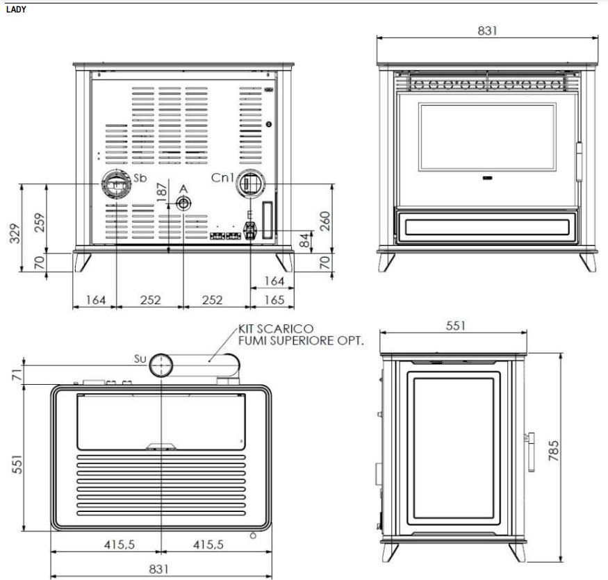 Stufa a pellet Klover Lady Air, moderna con design elegante, vista frontale con porta in vetro e pannello di controllo.