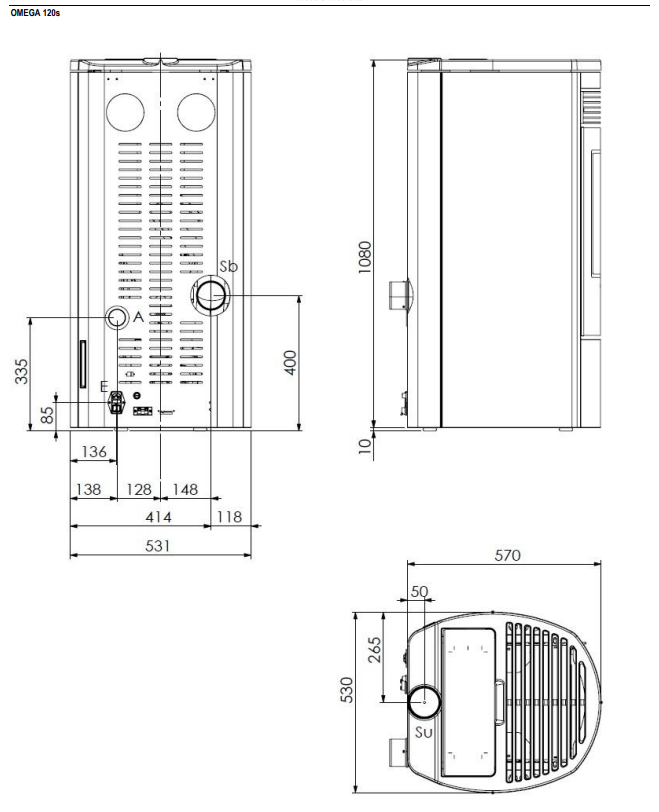 Stufa a pellet Klover Omega 120 S Plus Air con display digitale e design moderno, vista frontale con bocchetta di uscita calore
