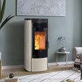 Stufa a pellet Klover Omega 120s AIR con pannello di controllo e uscita di aria calda, design moderno e compatto.