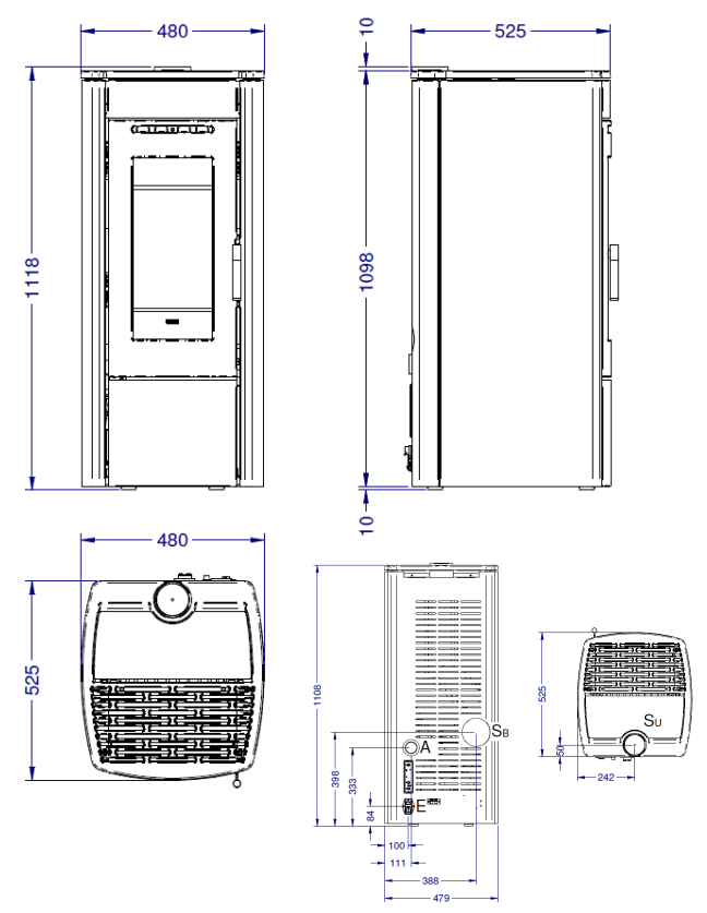 Stufa a pellet Klover Soft 100 Air con design moderno e compatto, mostra il pannello di controllo e il serbatoio pellet.