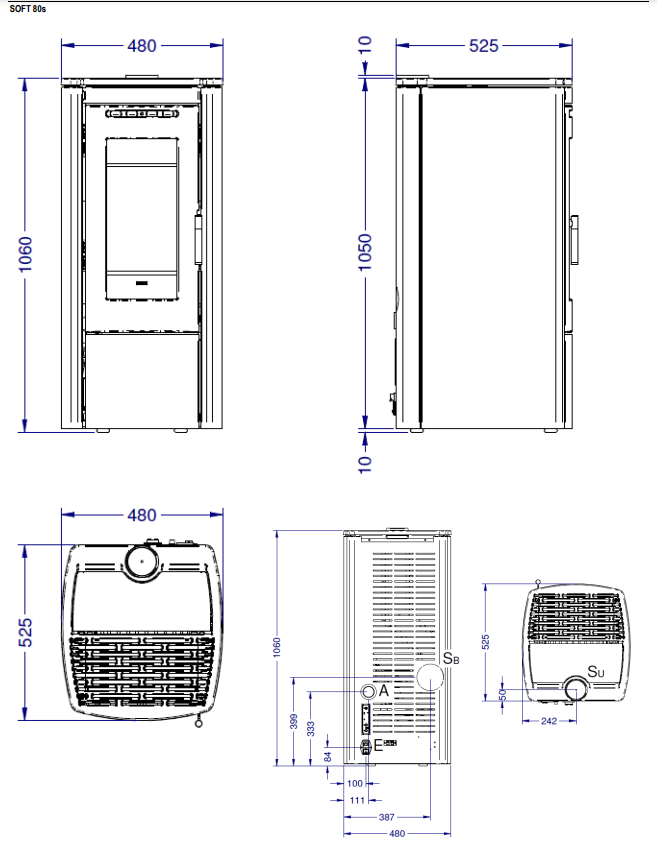 Stufa a pellet Klover Soft 80 Air con design moderno e compatto, vista frontale con pannello di controllo e uscita fumi