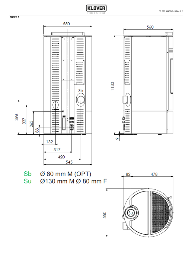 Stufa a pellet Klover Super 7 Air con display e finiture in metallo nero, vista frontale con porta e pannello di controllo.