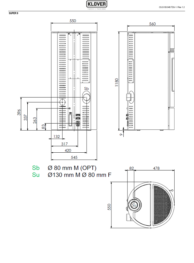 Stufa a pellet Klover Super 9 Air con pannello frontale e uscita fumi, design moderno e compatto per riscaldamento domestico