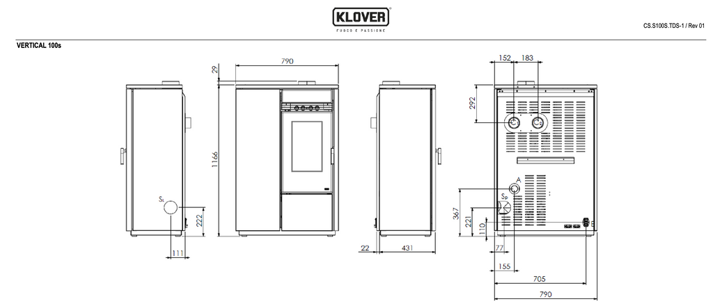 Stufa a pellet Klover Vertical 100 Air in acciaio con design verticale e rivestimento in pietra, vista frontale