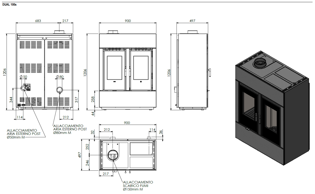 Stufa ibrida Dual Air Klover in gres, combina legna e pellet per riscaldamento efficiente e versatile.