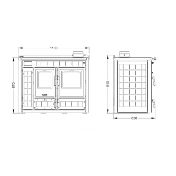 Termostufa a legna Klover Altea con forno, in acciaio nero, con porta in vetro e maniglie robuste, ideale per riscaldamento e cottura