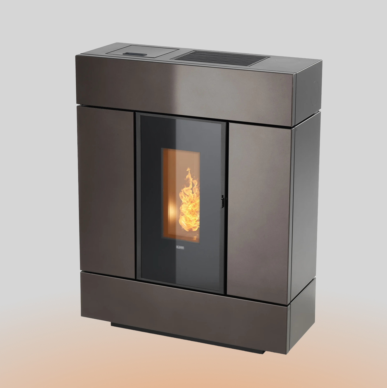 Termostufa a pellet Klover Klio Slim 120S con design compatto e moderno, vista frontale con pannello di controllo.