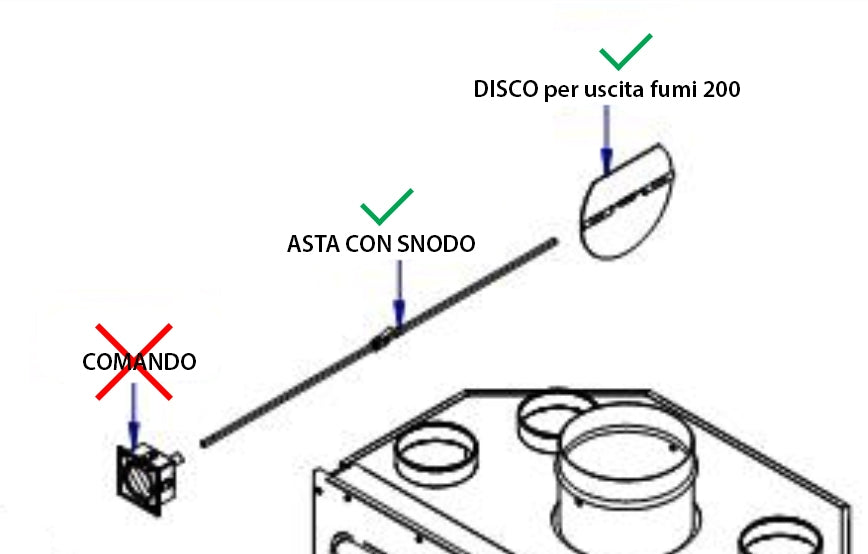 Registro fumi Piazzetta con asta e disco diametro 200, accessori e ricambi per caldaie, immagine con componenti metallici.