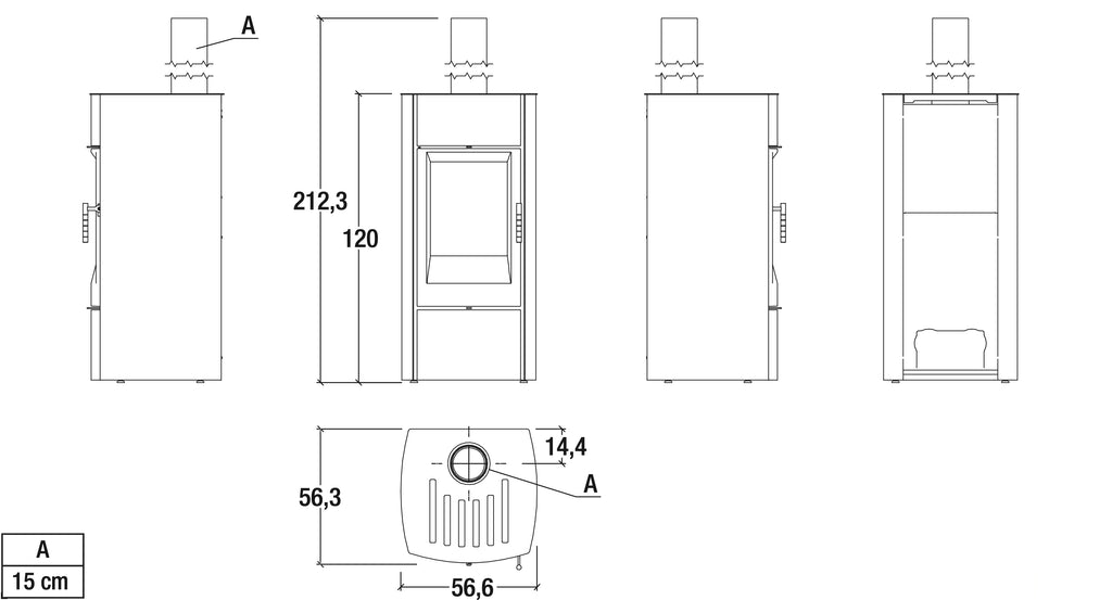 Stufa a legna Piazzetta E 530 Steel con porta in vetro e corpo in acciaio, design moderno e funzionale.