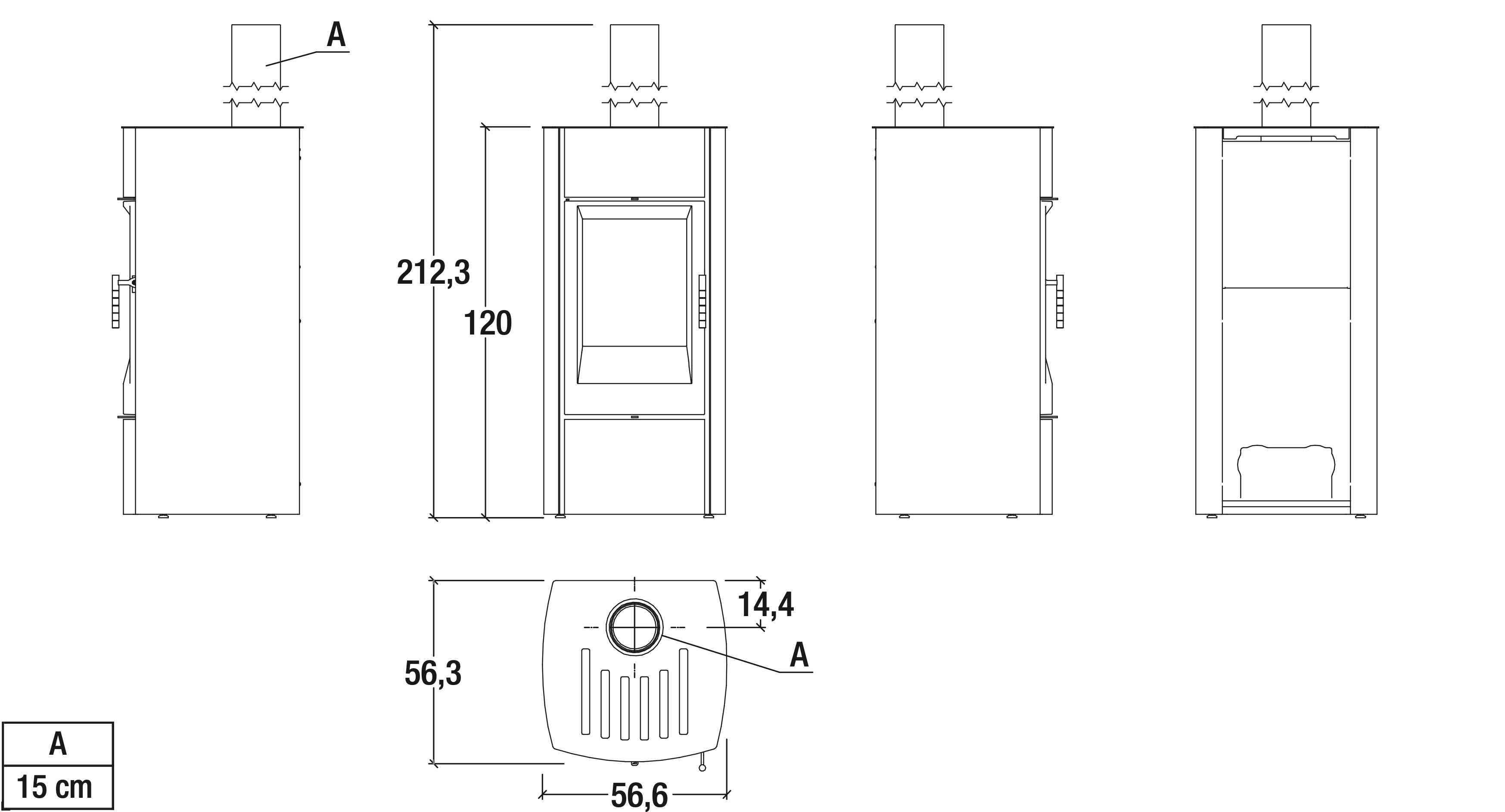 Stufa a legna Piazzetta E 530 Steel con porta in vetro e corpo in acciaio, design moderno e funzionale.