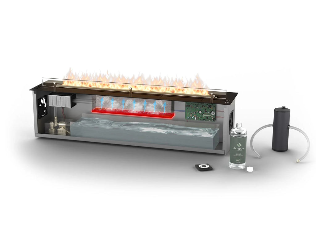 Bruciatore a bioetanolo Planika FLA4, elegante e compatto, con fiamma visibile e design moderno per ambienti interni.